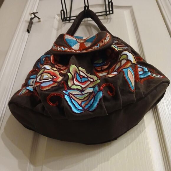Tasha Polizzi Collection Large Brown Hobo Unique Embroidered & Beaded Flowers - Picture 6 of 8